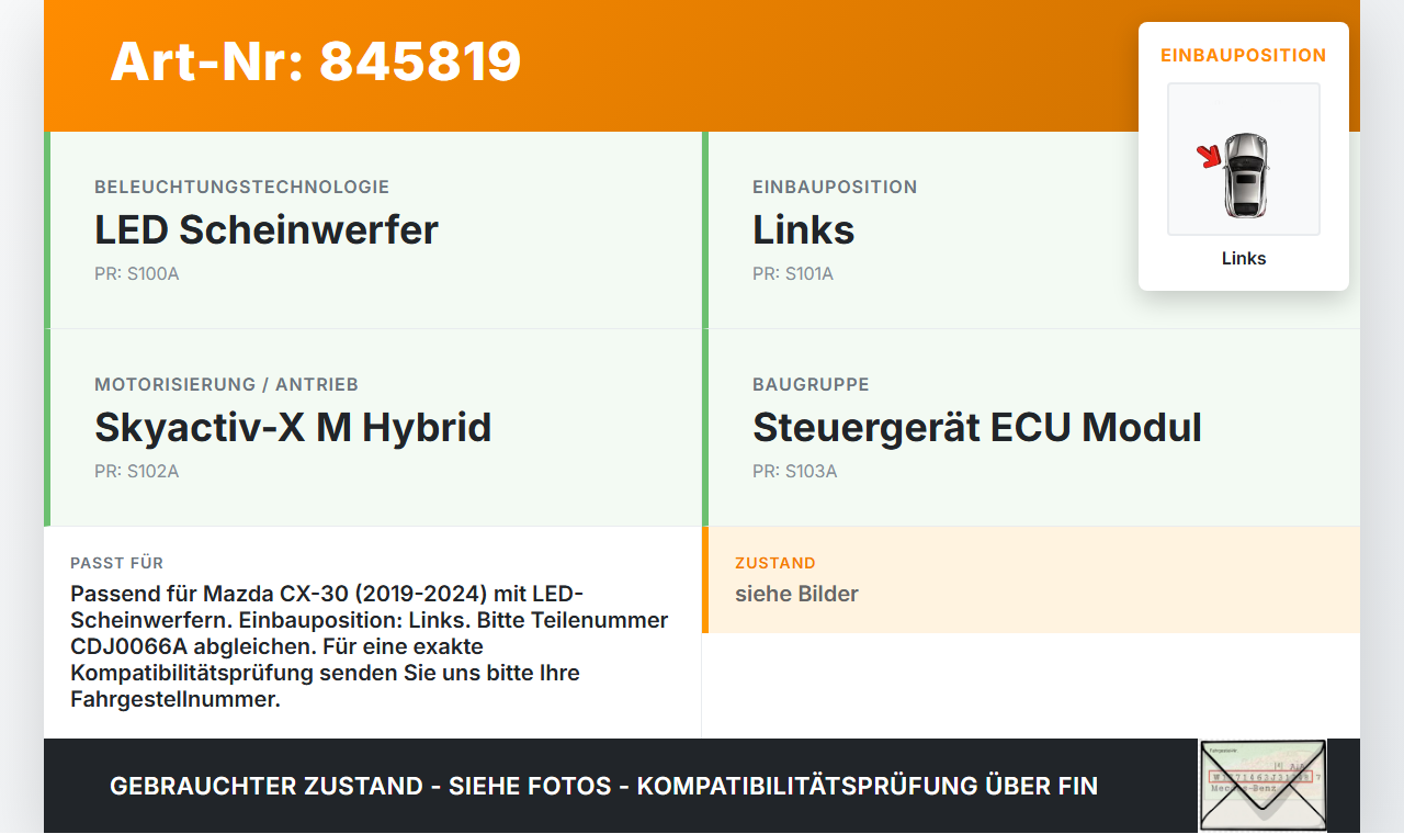 Mazda CX-30 19-24 Steuergerät ECU Modul für Scheinwerfer Links Mazda CX-30 19-24 18.05.2020 CT021637 CDJ0066A gebraucht Vorschau 3