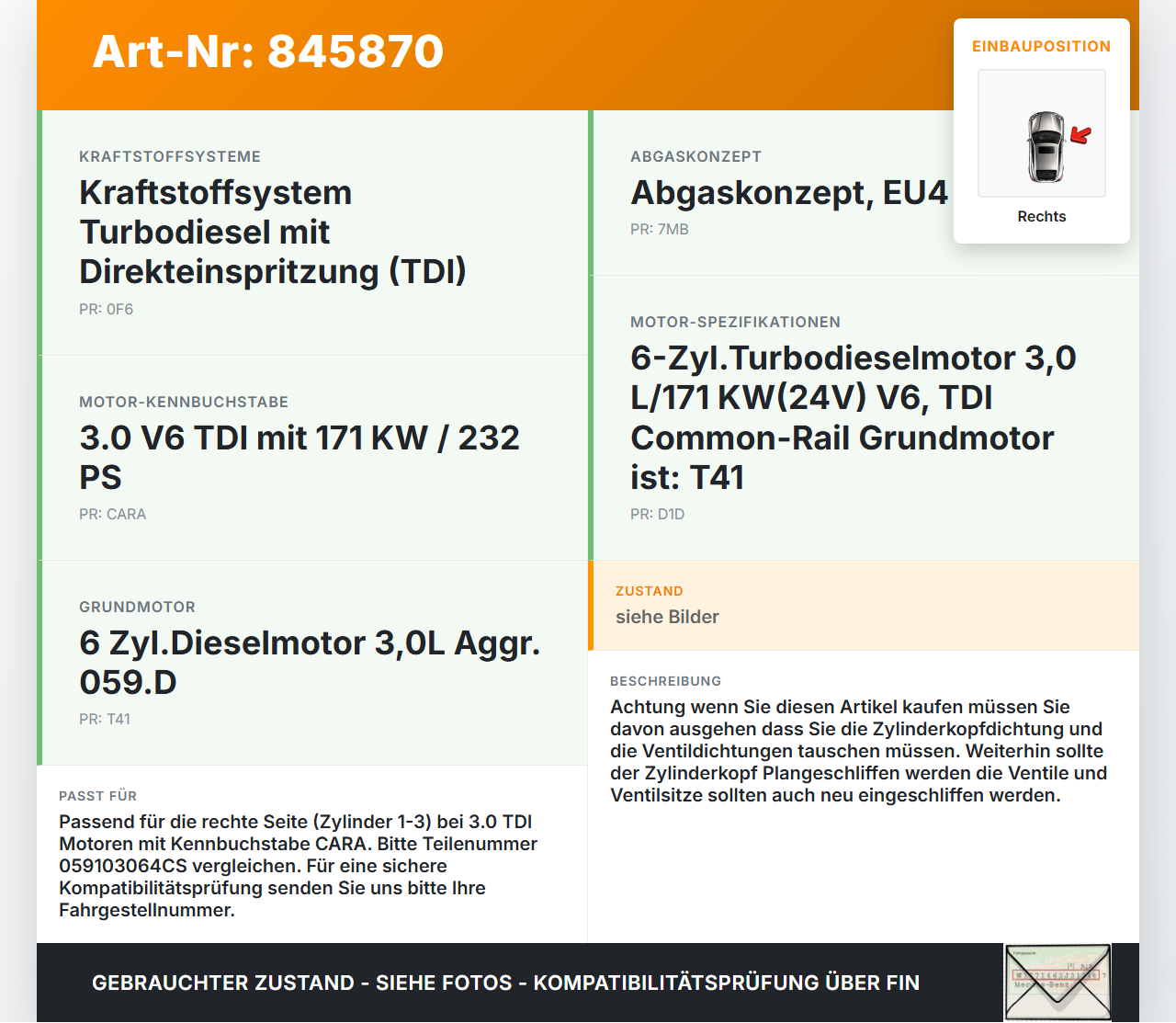 VW Phaeton 3D GP1 07-10 TDI 3,0 171KW CARA Zylinderkopf Rechts VW Phaeton 3D GP1 07-10 23.04.2007 059103064CS gebraucht Vorschau 3