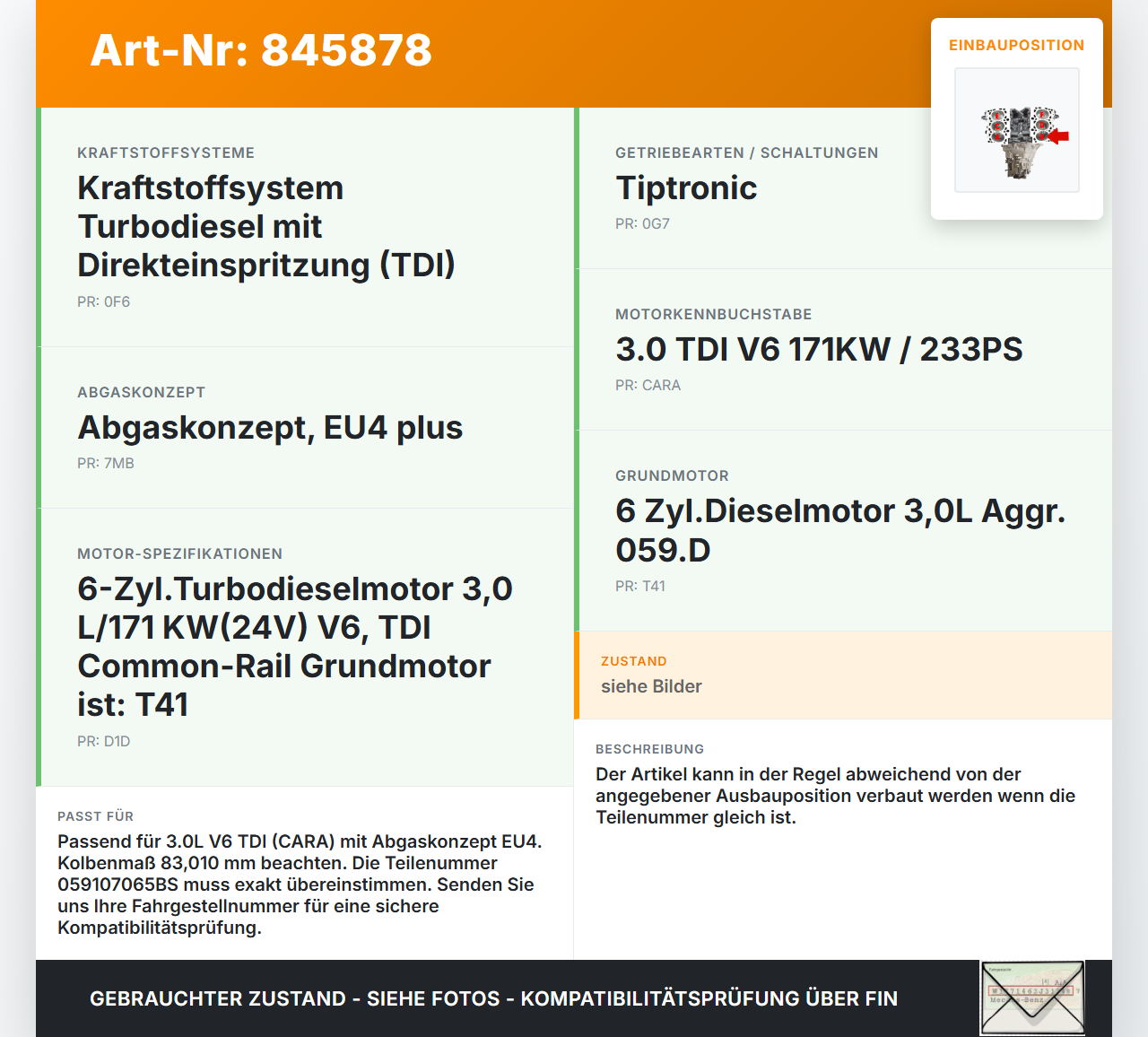 VW Phaeton 3D GP1 07-10 TDI 3,0 171KW CARA Kolben mit Pleuel Pos B 83,010 3-4 VW Phaeton 3D GP1 07-10 23.04.2007... Vorschau 3
