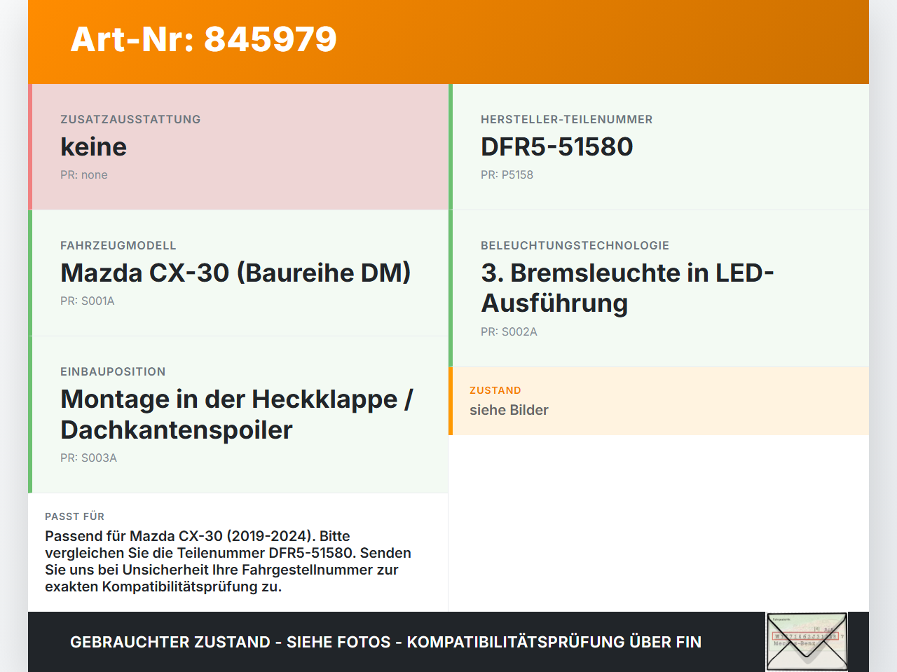Mazda CX-30 19-24 Bremslicht 3te Bremsleuchte für Klappe Mazda CX-30 19-24 18.05.2020 DFR5-51580 gebraucht Vorschau 3