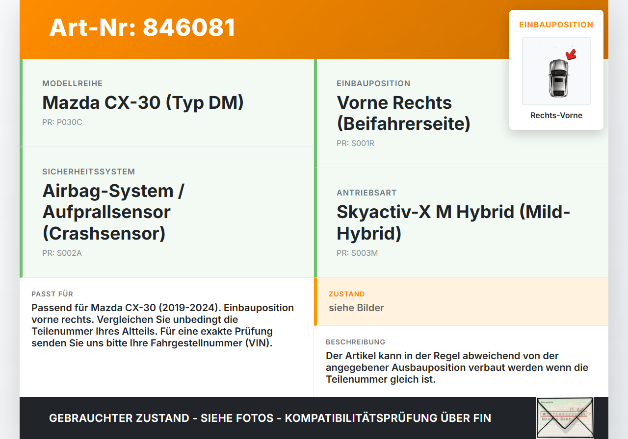 Mazda CX-30 19-24 Sensor für Airbag Crashsensor Airbagsensor Rechts Vorne Mazda CX-30 19-24 18.05.2020 gebraucht Vorschau 3