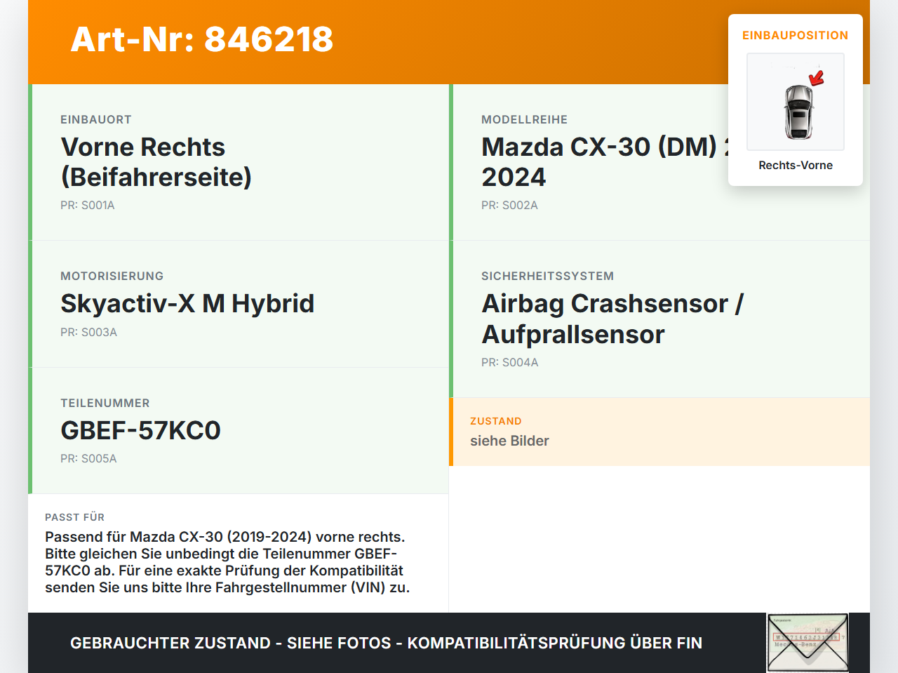 Mazda CX-30 19-24 Airbagsensor Crashsensor Sensor Rechts Vorne Mazda CX-30 19-24 18.05.2020 GBEF-57KC0 0A2CA1973477... Vorschau 3