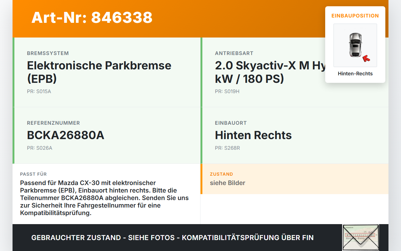 Mazda CX-30 19-24 Hybrid 2,0 132KW Stellmotor Parkbremse Bremssattel Hinten Rechts Mazda CX-30 19-24 18.05.2020... Vorschau 3
