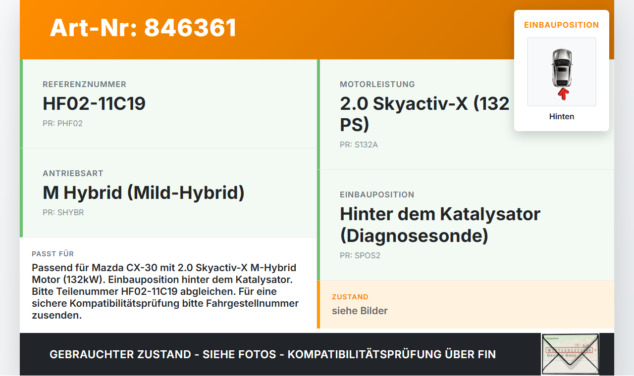 Mazda CX-30 19-24 Hybrid 2,0 132KW Lambdasonde Hinten Mazda CX-30 19-24 18.05.2020 HF02-11C19 gebraucht Vorschau 3