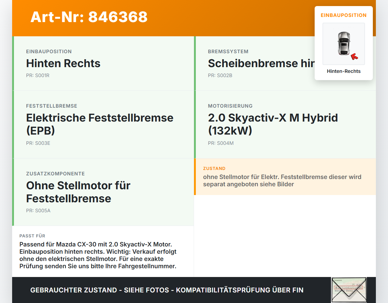 Mazda CX-30 19-24 Hybrid 2,0 132KW Bremssattel Bremszange Hinten Rechts Mazda CX-30 19-24 18.05.2020 gebraucht Vorschau 3