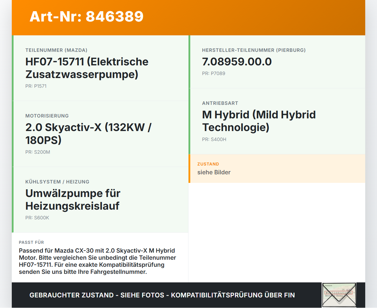 Mazda CX-30 19-24 Hybrid 2,0 132KW Umwelzpumpe Heizung Pumpe Mazda CX-30 19-24 18.05.2020 7.08959.00.0 HF07-15711... Vorschau 3