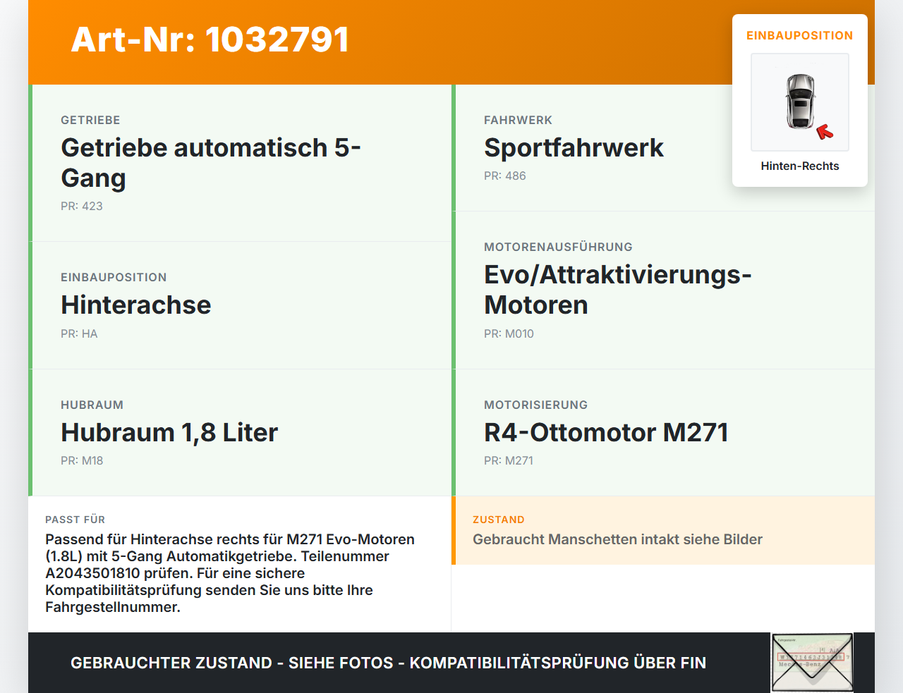 Mercedes A207 E250 10-13 Cabrio CGI 1,8 150KW Antriebswelle Gelenkwelle Hinten Rechts Mercedes A207 E250 10-13... Vorschau 3