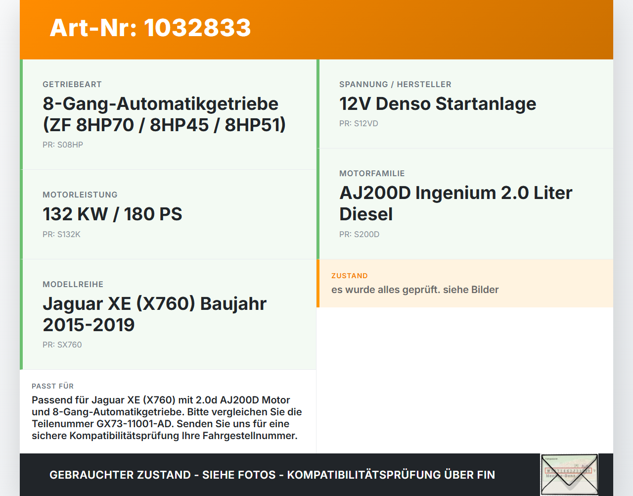 Jaguar XE X760 15-19 2,0d 132KW Autom Anlasser Starter Motor Startanlage 12V Denso Jaguar XE X760 15-19 26.08.2018... Vorschau 3