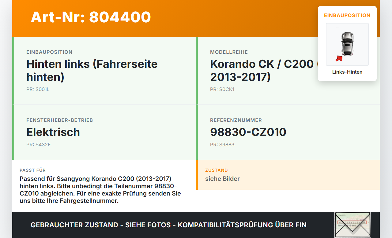 SSangyong Korando CK C200 13-17 Fensterhebermotor mit Fensterheber Links Hinten SSangyong Korando CK C200 13-17... Vorschau 3