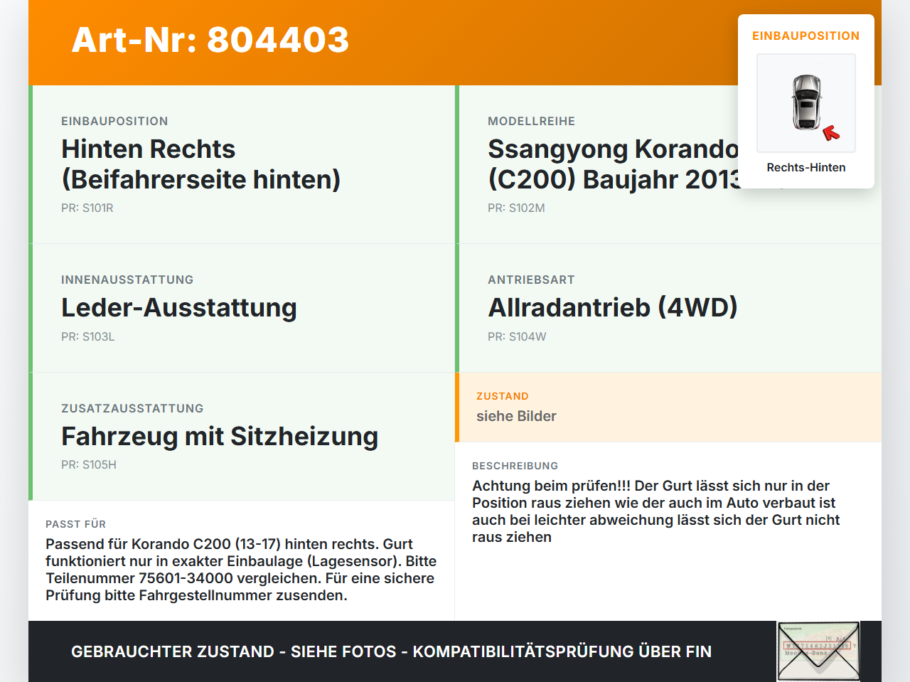 SSangyong Korando CK C200 13-17 Gurt Sicherheitsgurt Rechts Hinten SSangyong Korando CK C200 13-17 19.02.2014... Vorschau 3