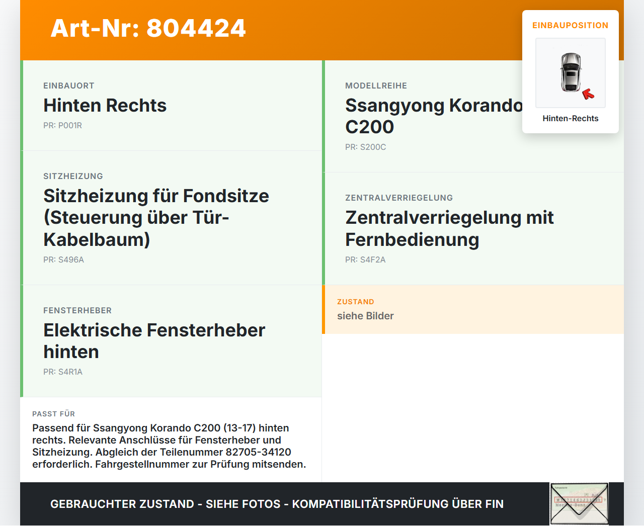 SSangyong Korando CK C200 13-17 Kabelbaum Leitungssatz für Tür und Fensterheber Hinten Rechts SSangyong Korando CK... Vorschau 3