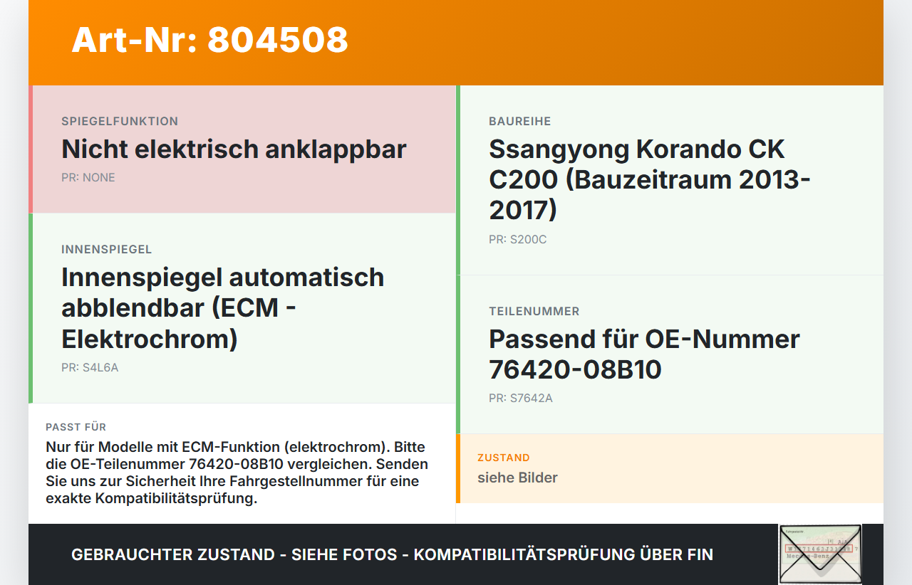 SSangyong Korando CK C200 13-17 Innenspiegel Rückspiegel Spiegel Innen ECM Elektrochrom SSangyong Korando CK C200... Vorschau 3
