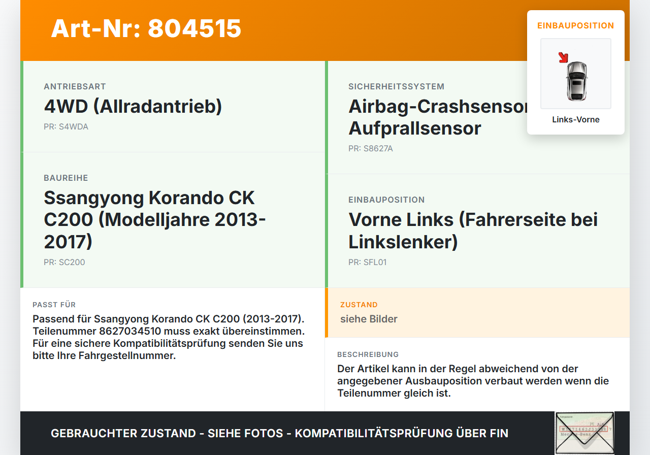 SSangyong Korando CK C200 13-17 Sensor Airbag Crashsensor Airbagsensor Links Vorne SSangyong Korando CK C200 13-17... Vorschau 3