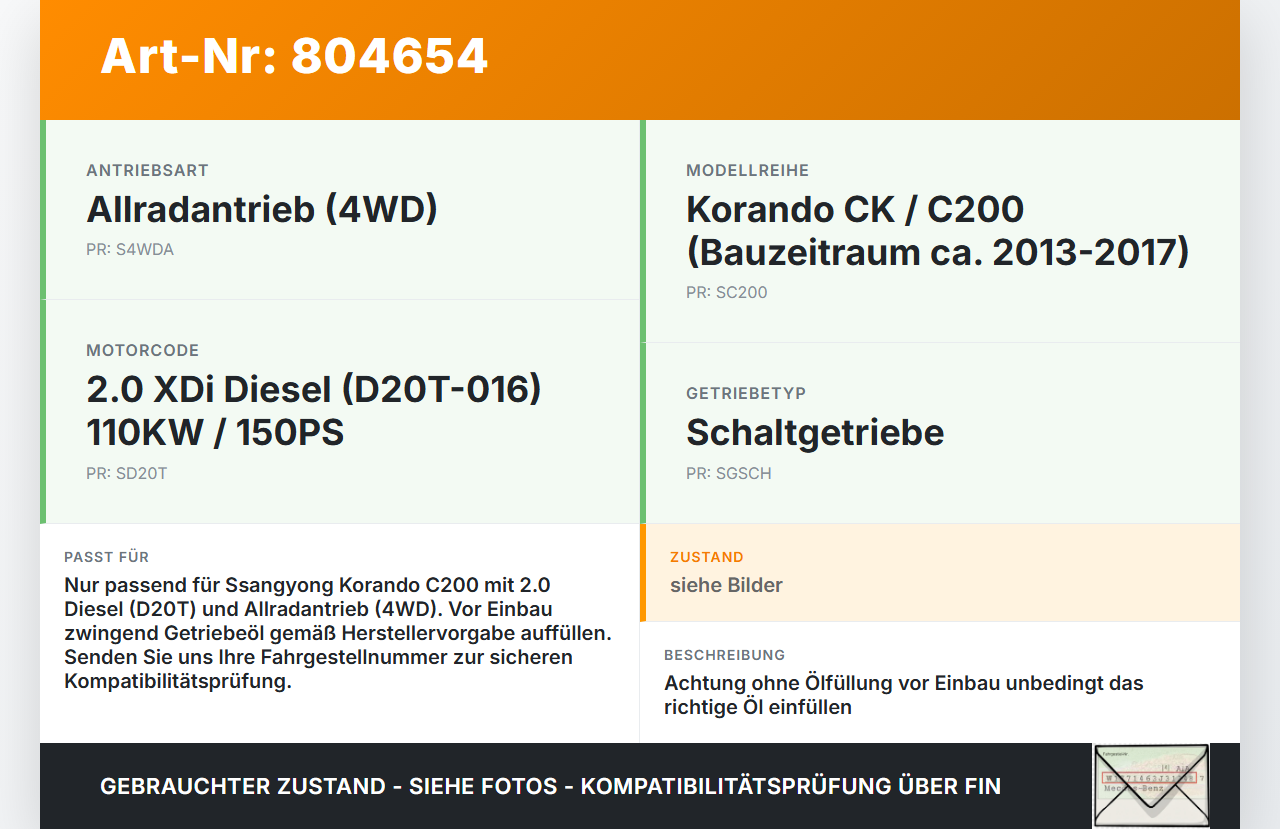 SSangyong Korando CK C200 13-17 XDi 2,0 110KW 4WD Verteilergetriebe Getriebe SSangyong Korando CK C200 13-17... Vorschau 3
