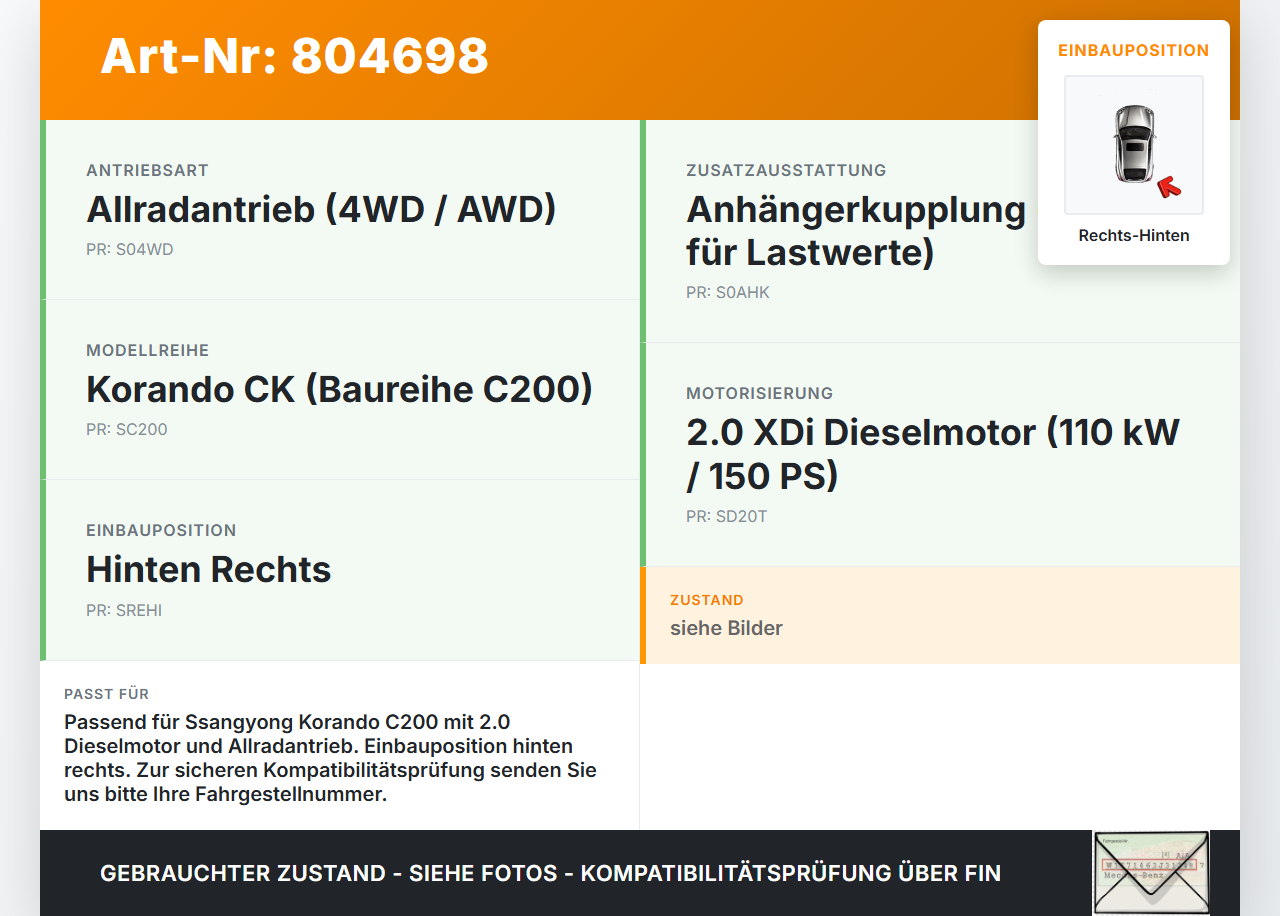 SSangyong Korando CK C200 13-17  XDi 2,0 110KW 4WD Antriebswelle Gelenkwelle Rechts Hinten SSangyong Korando CK... Vorschau 3