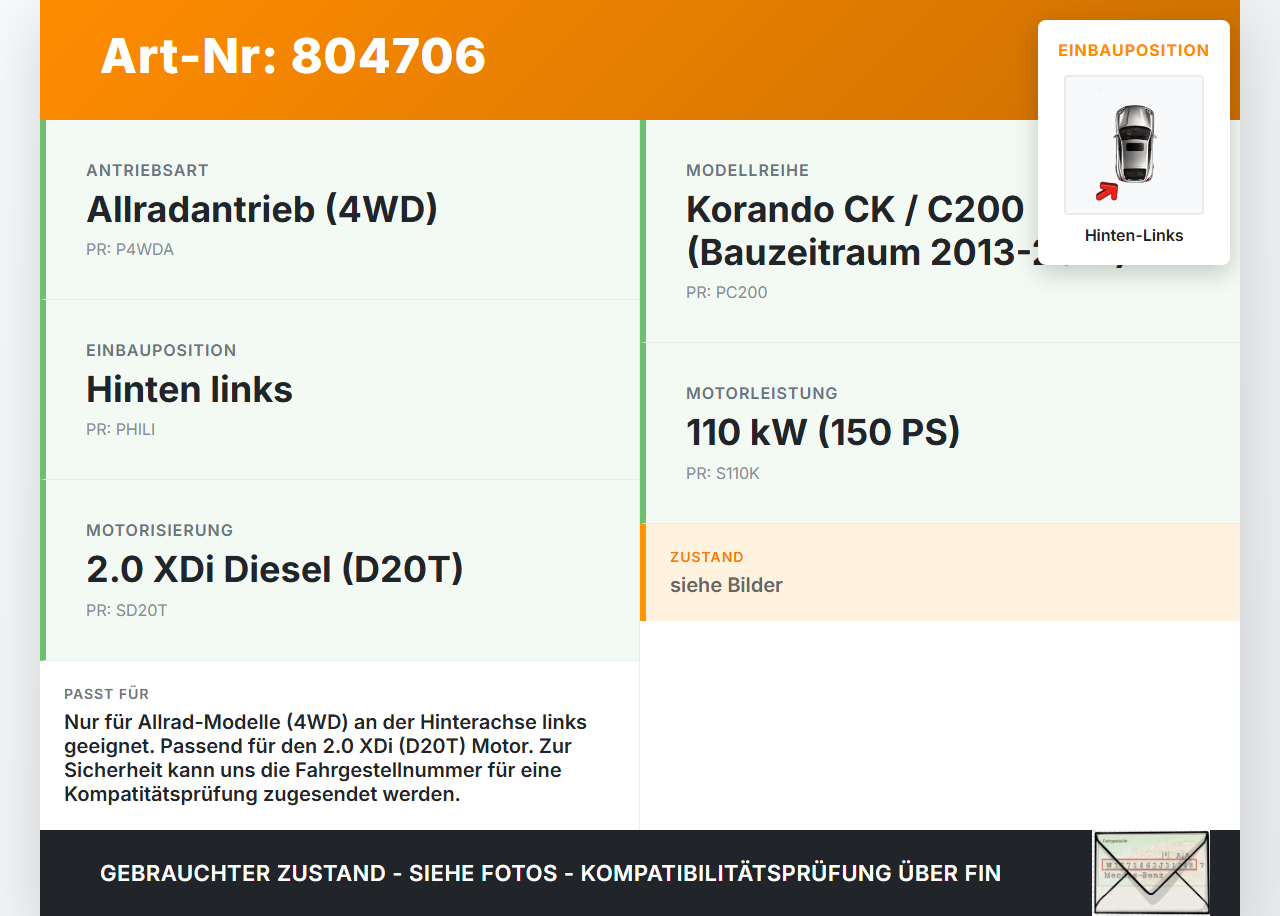 SSangyong Korando CK C200 13-17  XDi 2,0 110KW 4WD Antriebswelle Gelenkwelle Hinten Links SSangyong Korando CK C200... Vorschau 3