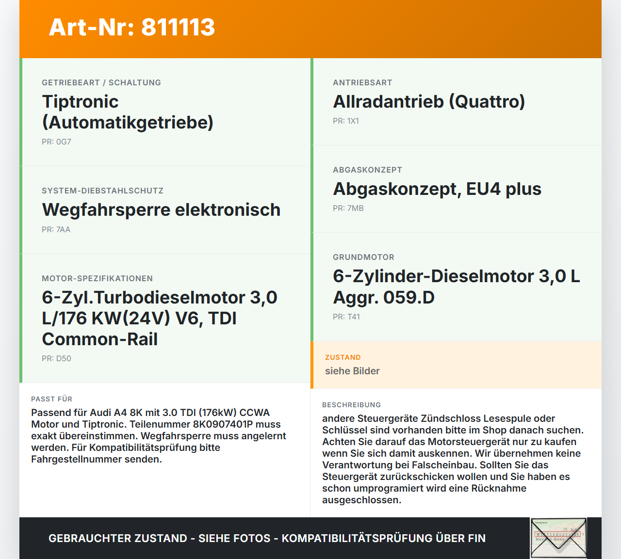 Audi A4 8K B8 QU 08-11 TDI 3,0 176KW Steuergerät ECU für Motor Motorsteuergerät Audi A4 8K B8 QU 08-11 27.11.2008... Vorschau 3