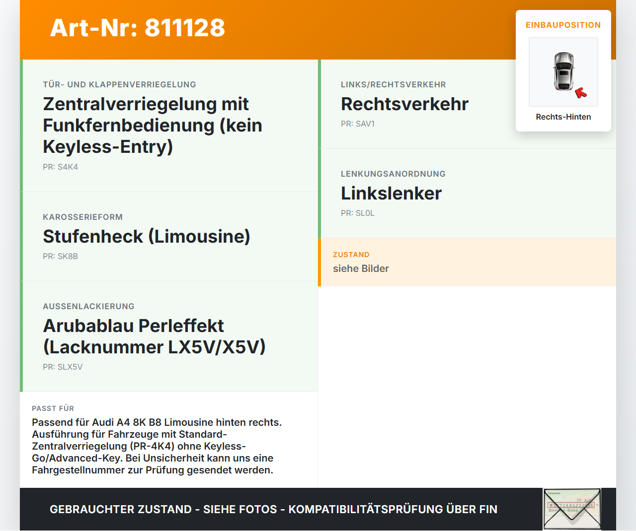 Audi A4 8K B8 QU 08-11 Lim Türgriff Griff aussen Rechts Hinten LX5V Audi A4 8K B8 QU 08-11 27.11.2008 8T0837886A... Vorschau 3