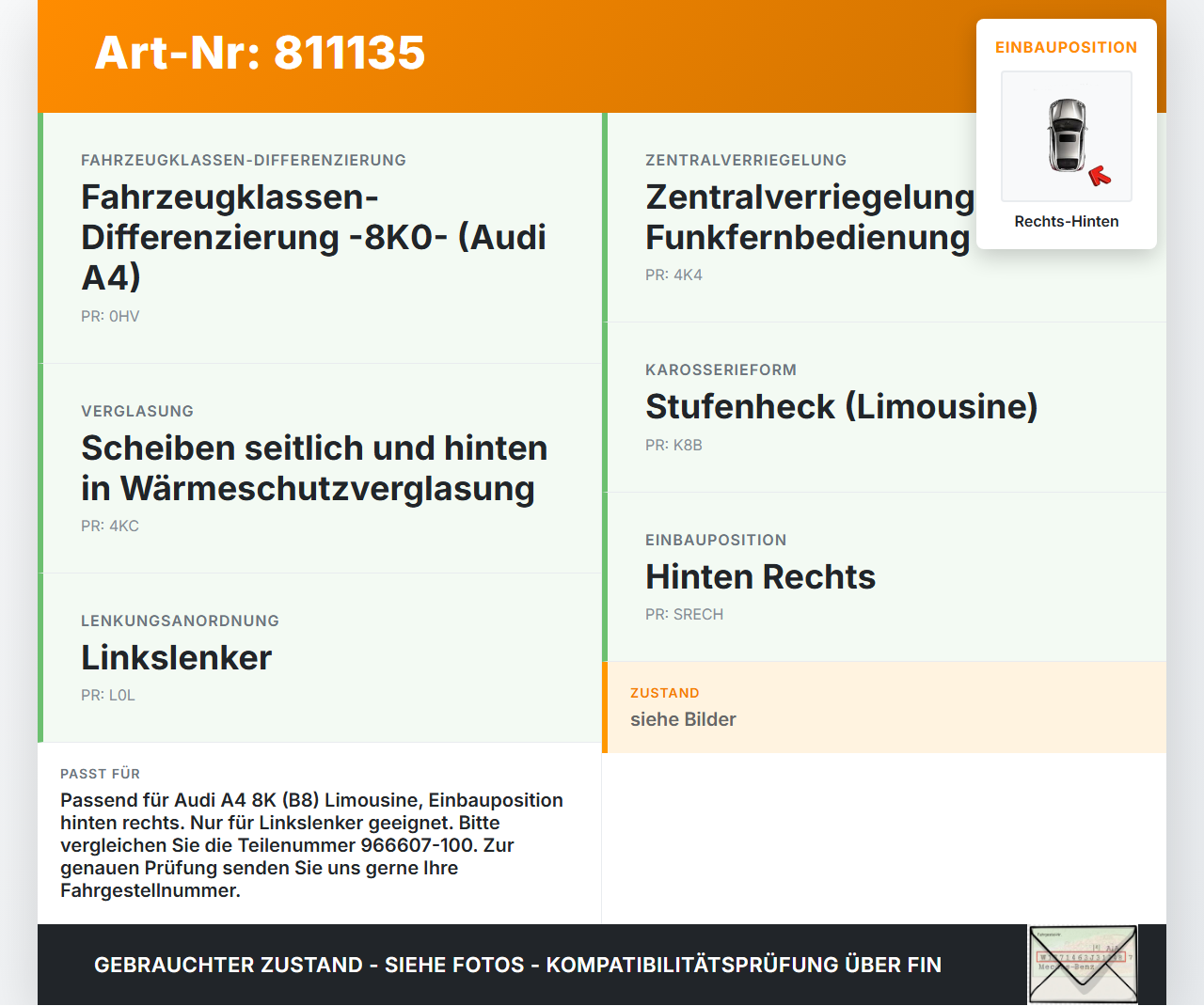 Audi A4 8K B8 QU 08-11 Lim Fensterhebermotor Rechts Hinten Audi A4 8K B8 QU 08-11 27.11.2008 8K0959812 966607-100... Vorschau 3
