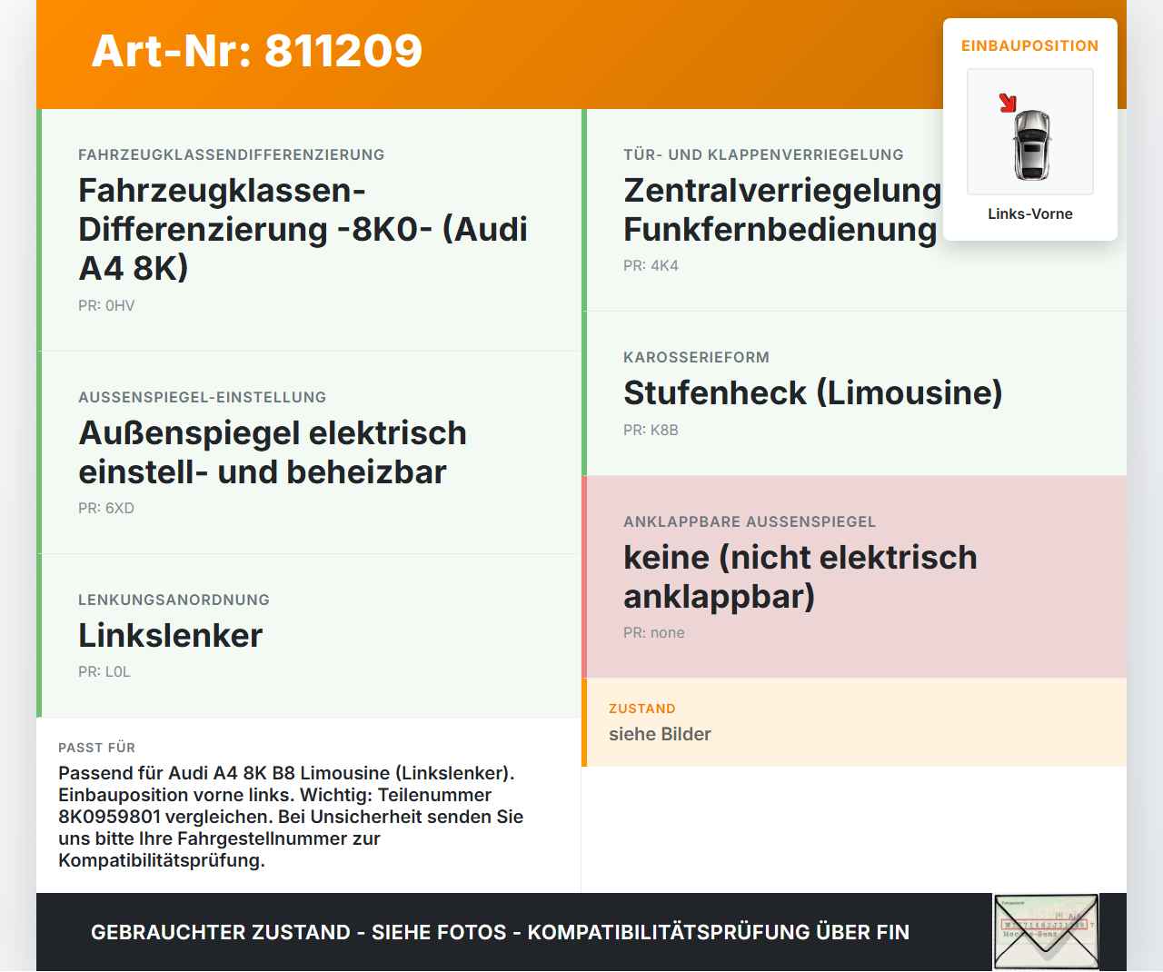 Audi A4 8K B8 QU 08-11 Lim Fensterhebermotor Links Vorne Audi A4 8K B8 QU 08-11 27.11.2008 8T0959801A 965576-100... Vorschau 3