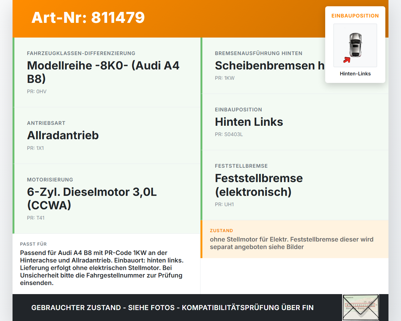 Audi A4 8K B8 QU 08-11 TDI 3,0 176KW Bremssattel Bremszange Hinten Links Audi A4 8K B8 QU 08-11 27.11.2008... Vorschau 3
