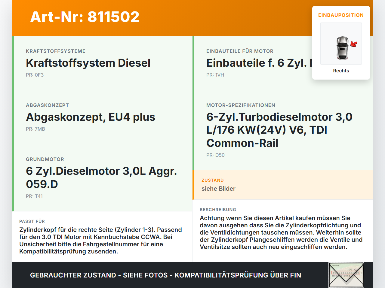 Audi A4 8K B8 QU 08-11 TDI 3,0 176KW CCWA Zylinderkopf Rechts Audi A4 8K B8 QU 08-11 27.11.2008 059103064FS gebraucht Vorschau 3
