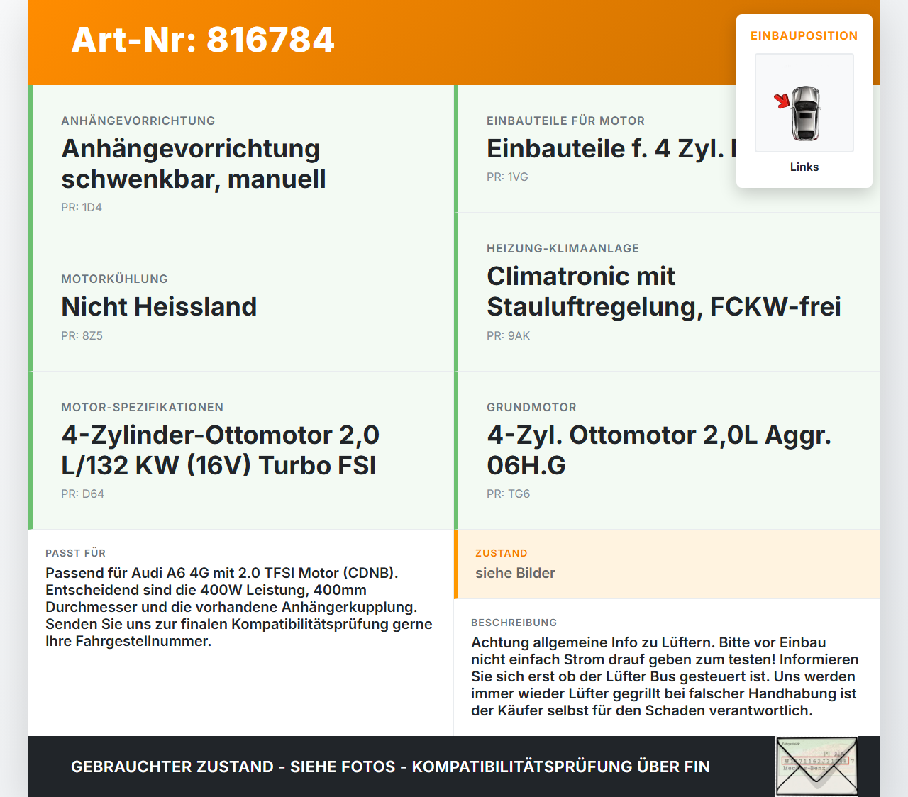 Audi A6 4G C7 11-14 TFSI 2,0 132KW Lüfter Ventilator f. Kühler Links 400W 400MM Audi A6 4G C7 11-14 20.04.2012... Vorschau 3