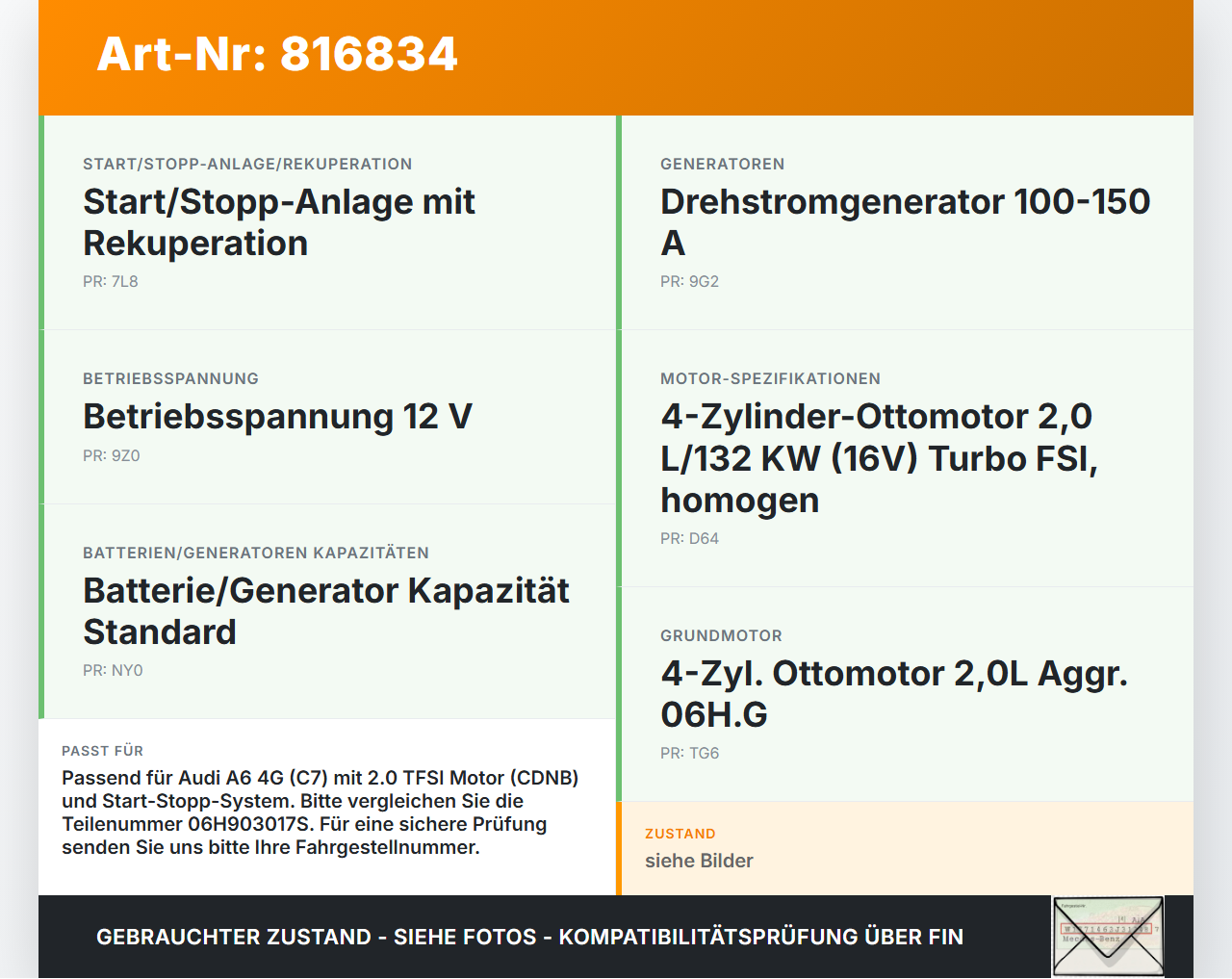 Audi A6 4G C7 11-14 TFSI 2,0 132KW Lichtmaschine Generator 150A Audi A6 4G C7 11-14 20.04.2012 06H903017S 312001228... Vorschau 3