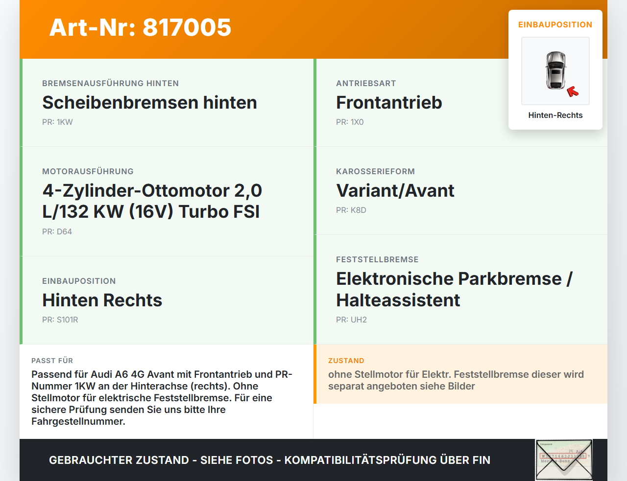 Audi A6 4G C7 11-14 TFSI 2,0 132KW Bremssattel Bremszange Hinten Rechts Audi A6 4G C7 11-14 20.04.2012 4G0615404... Vorschau 3