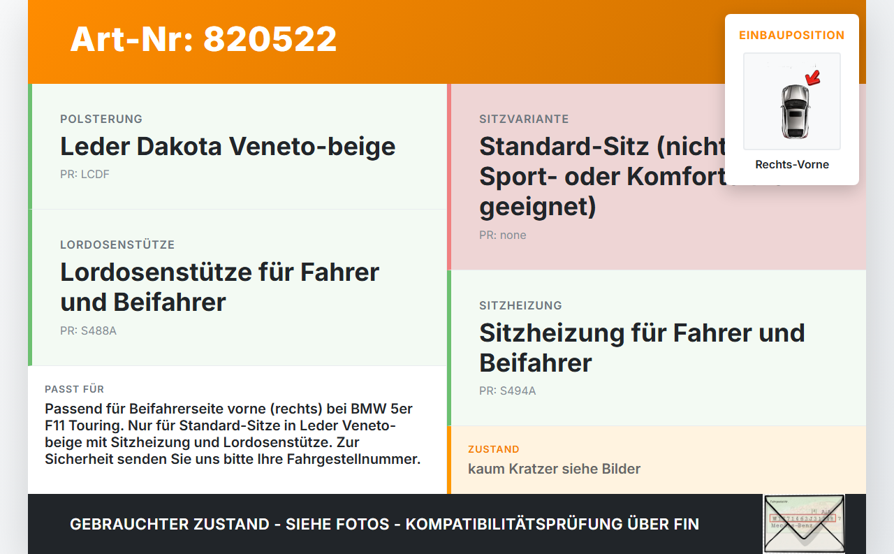 BMW F11 10-13 5er 525D Kombi Sitzbezug Rückenpolster Rechts Vorne für Beifahrer Sitz beheizt SRS BMW F11 10-13 5er... Vorschau 3