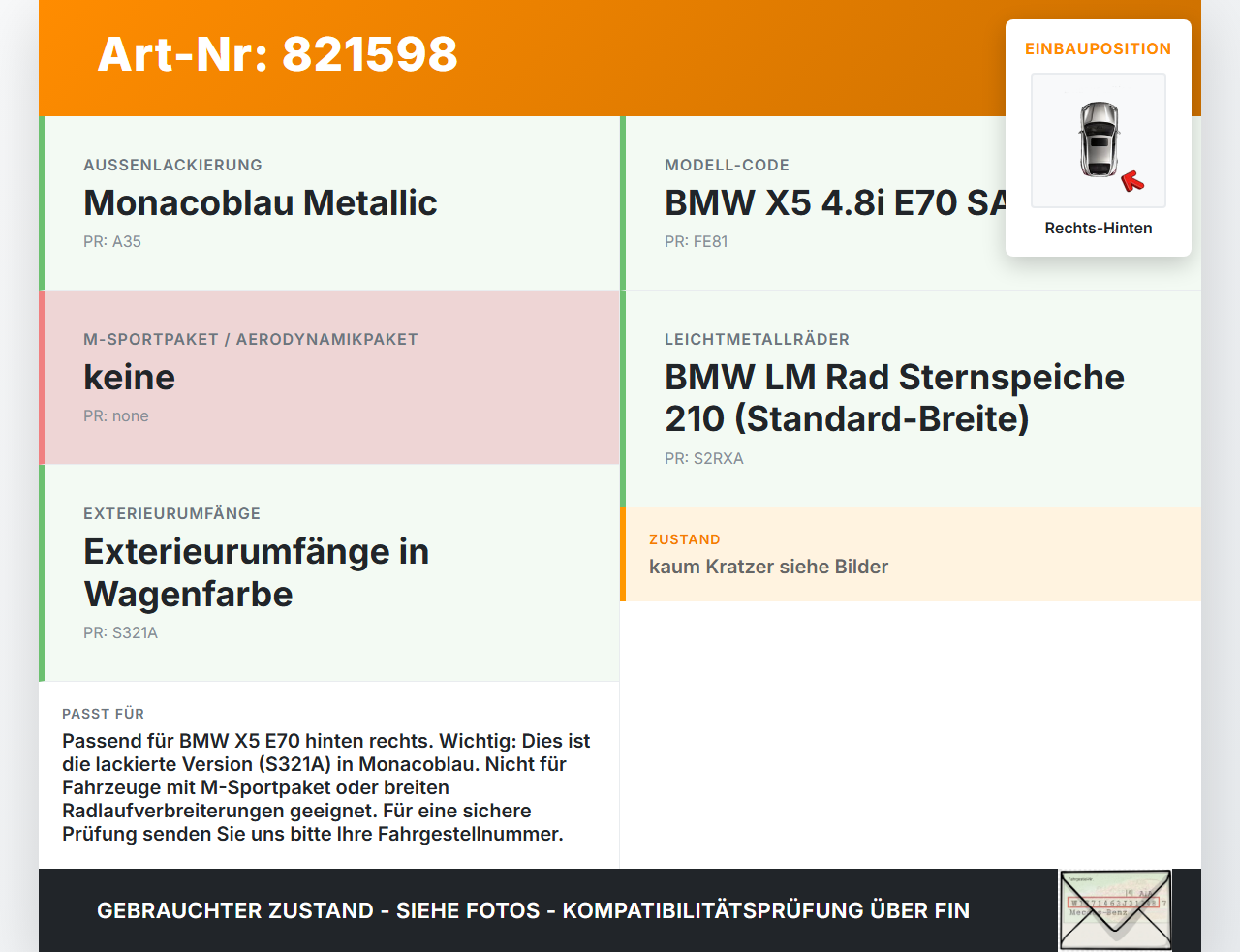 BMW X5 E70 06-10 Leiste für Kotflügel Rechts Hinten A35 BMW X5 E70 06-10 29.12.2006 7158426 51777158426 gebraucht Vorschau 3
