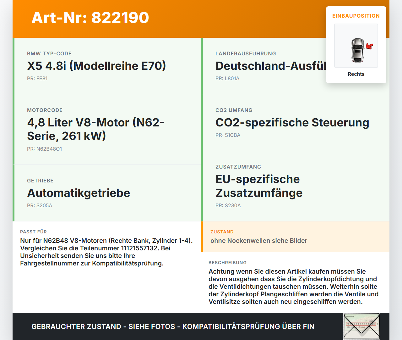 BMW X5 E70 06-10 4.8I 261KW N62B48B N62/TU Zylinderkopf Rechts 1-4 BMW X5 E70 06-10 29.12.2006 11.12-1557132... Vorschau 3