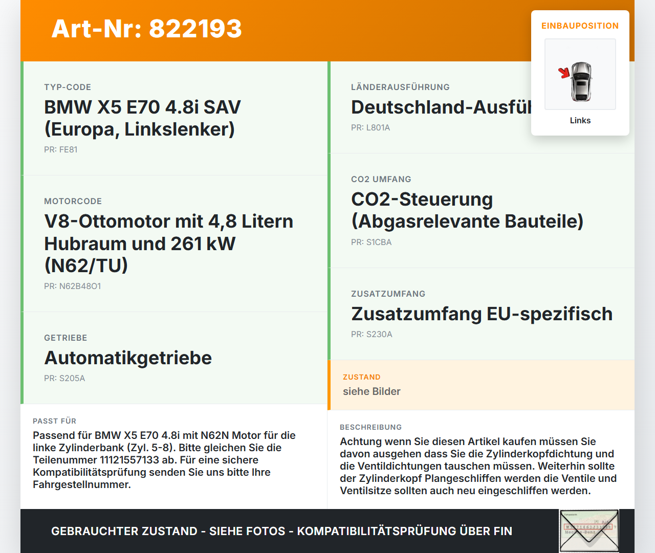 BMW X5 E70 06-10 4.8I 261KW N62B48B N62/TU Zylinderkopf Links 5-8 BMW X5 E70 06-10 29.12.2006 11.12-1557133 1557133... Vorschau 3