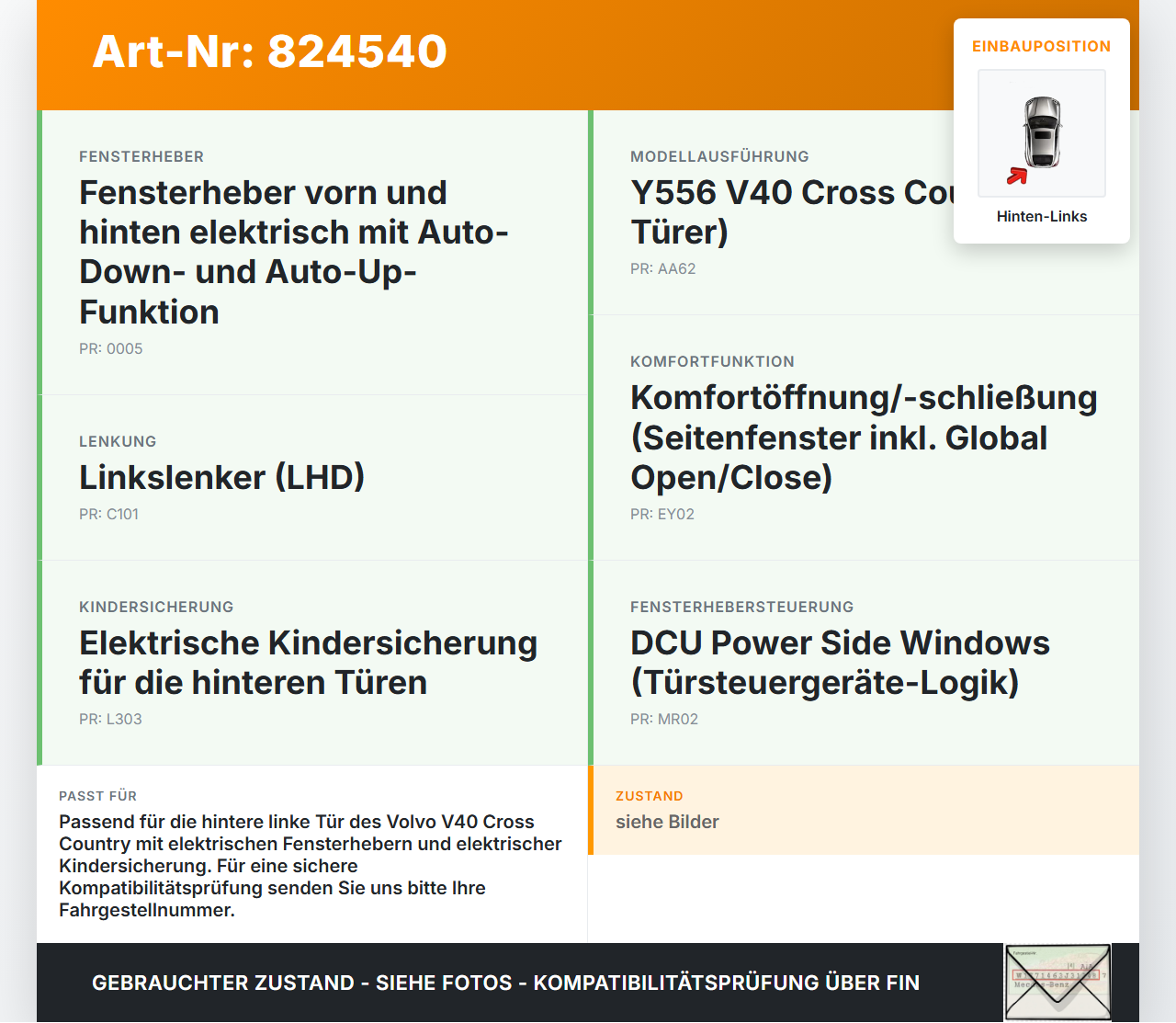 Volvo V40 II 12-16 Fensterheber o. FH-Motor Hinten Links Volvo V40 II 12-16 26.08.2013 31270212 31976217 gebraucht Vorschau 3