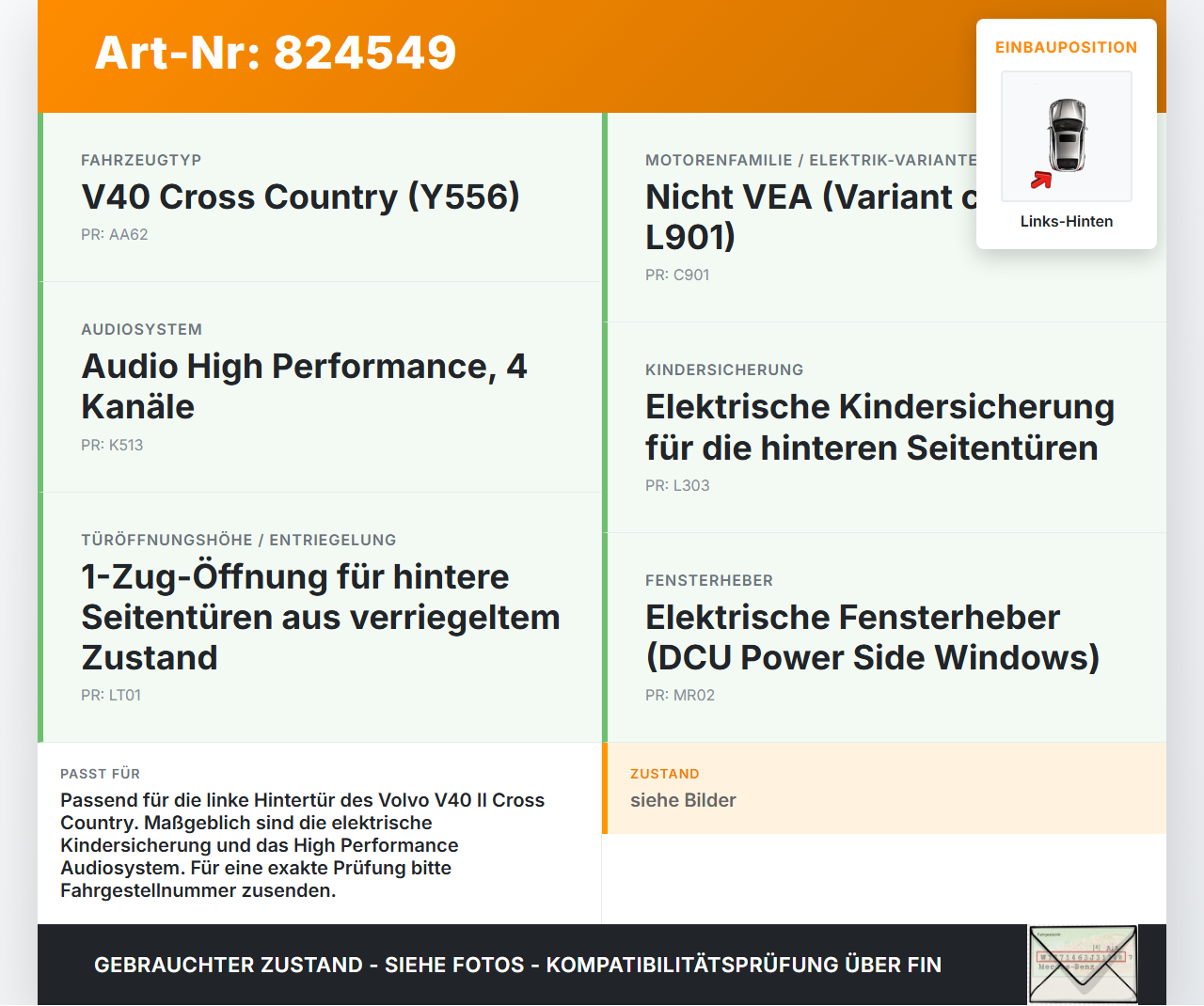 Volvo V40 II 12-16 Kabelbaum für Tür und Fensterheber Links Hinten Volvo V40 II 12-16 26.08.2013 31313717 gebraucht Vorschau 3