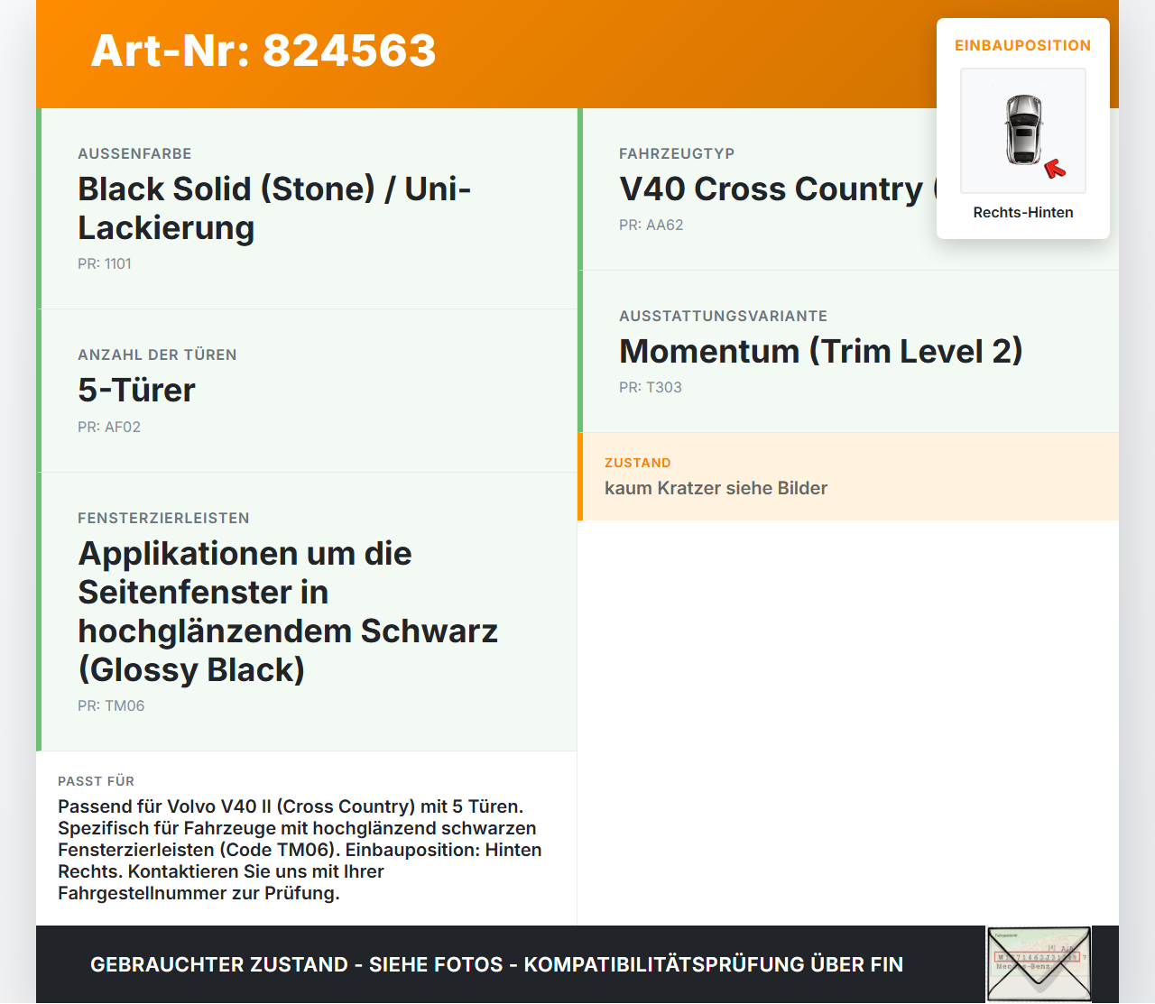 Volvo V40 II 12-16 Leiste für Tür Scheibendichtung Rechts Hinten Volvo V40 II 12-16 26.08.2013 gebraucht Vorschau 3