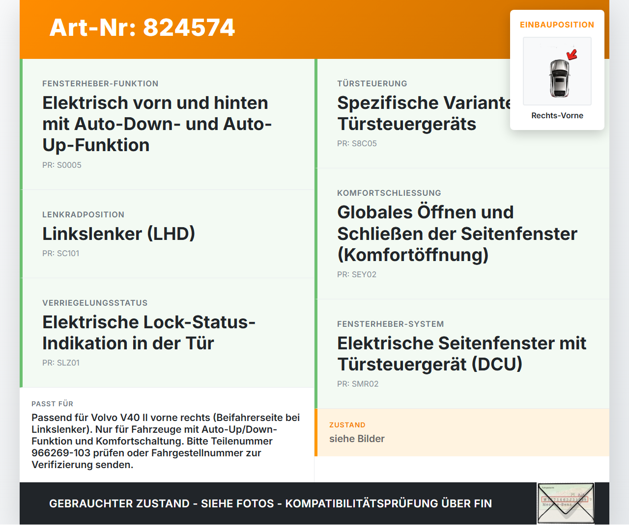 Volvo V40 II 12-16 Fensterhebermotor Rechts Vorne Volvo V40 II 12-16 26.08.2013 31253062 966269-103 gebraucht Vorschau 3