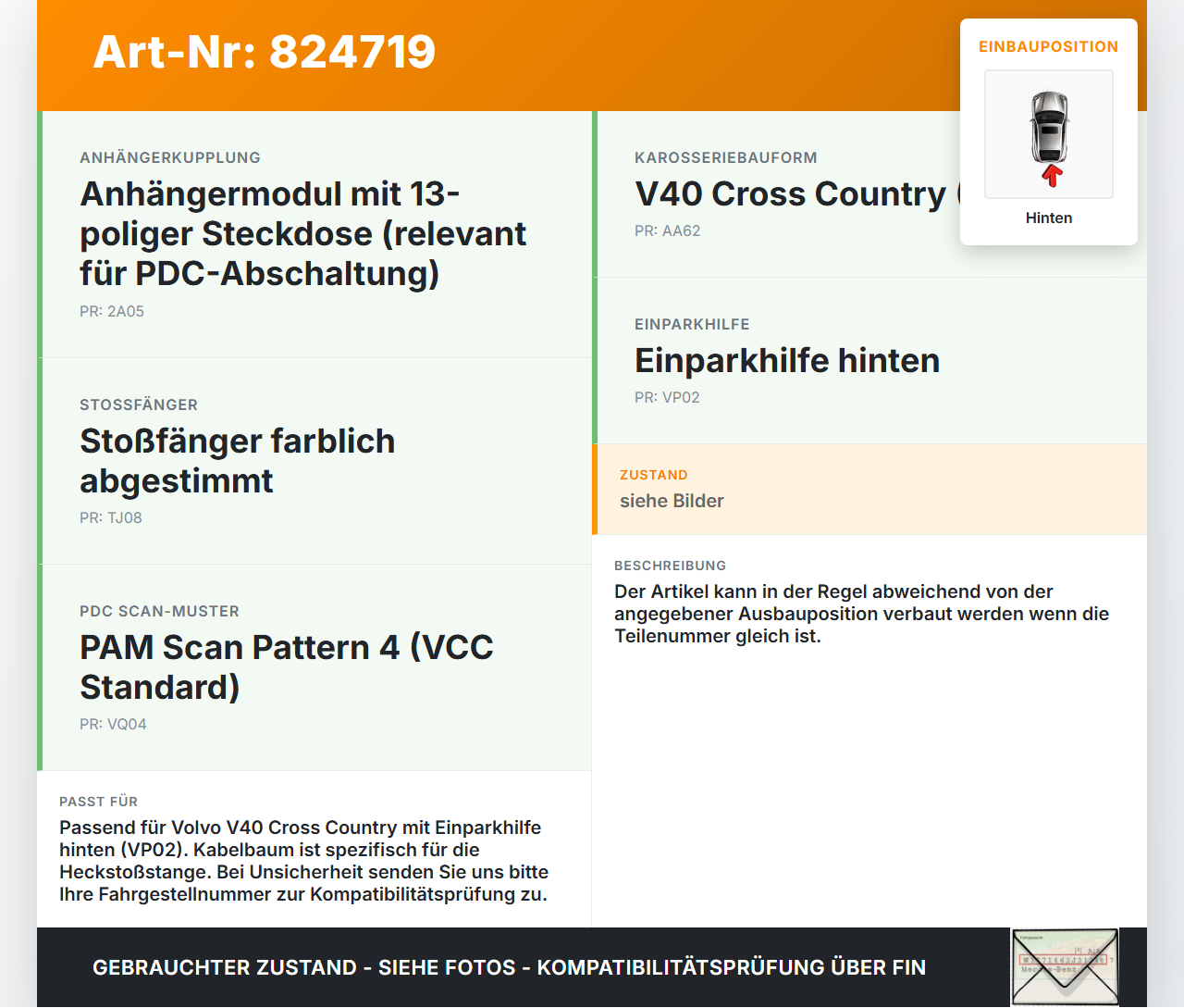 Volvo V40 II 12-16 PDC Kabelbaum Pos.1 Hinten Volvo V40 II 12-16 26.08.2013 T6A3A gebraucht Vorschau 3