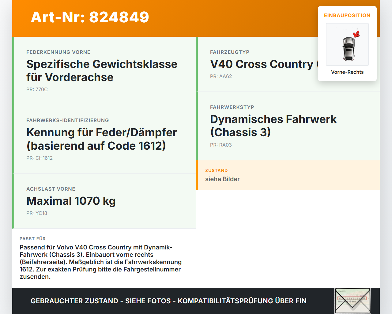 Volvo V40 II 12-16 Stossdämpfer Federbein Vorne Rechts Volvo V40 II 12-16 26.08.2013 31387748 2750905 gebraucht Vorschau 3