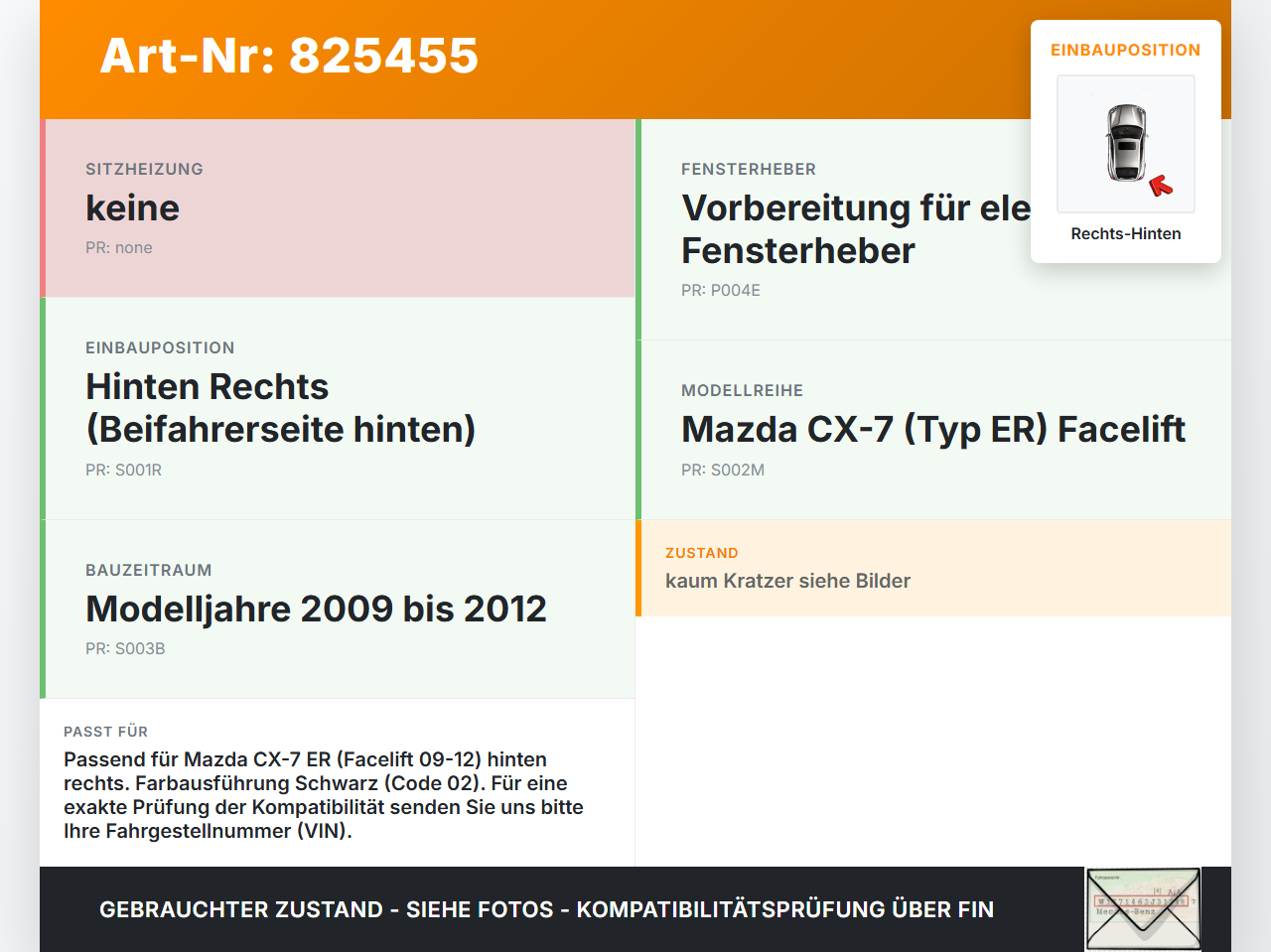Mazda CX-7 ER 09-12 Türverkleidung Türpappe Rechts Hinten Mazda CX-7 ER 09-12 26.08.2010 EH72-68-420F-02 gebraucht Vorschau 3