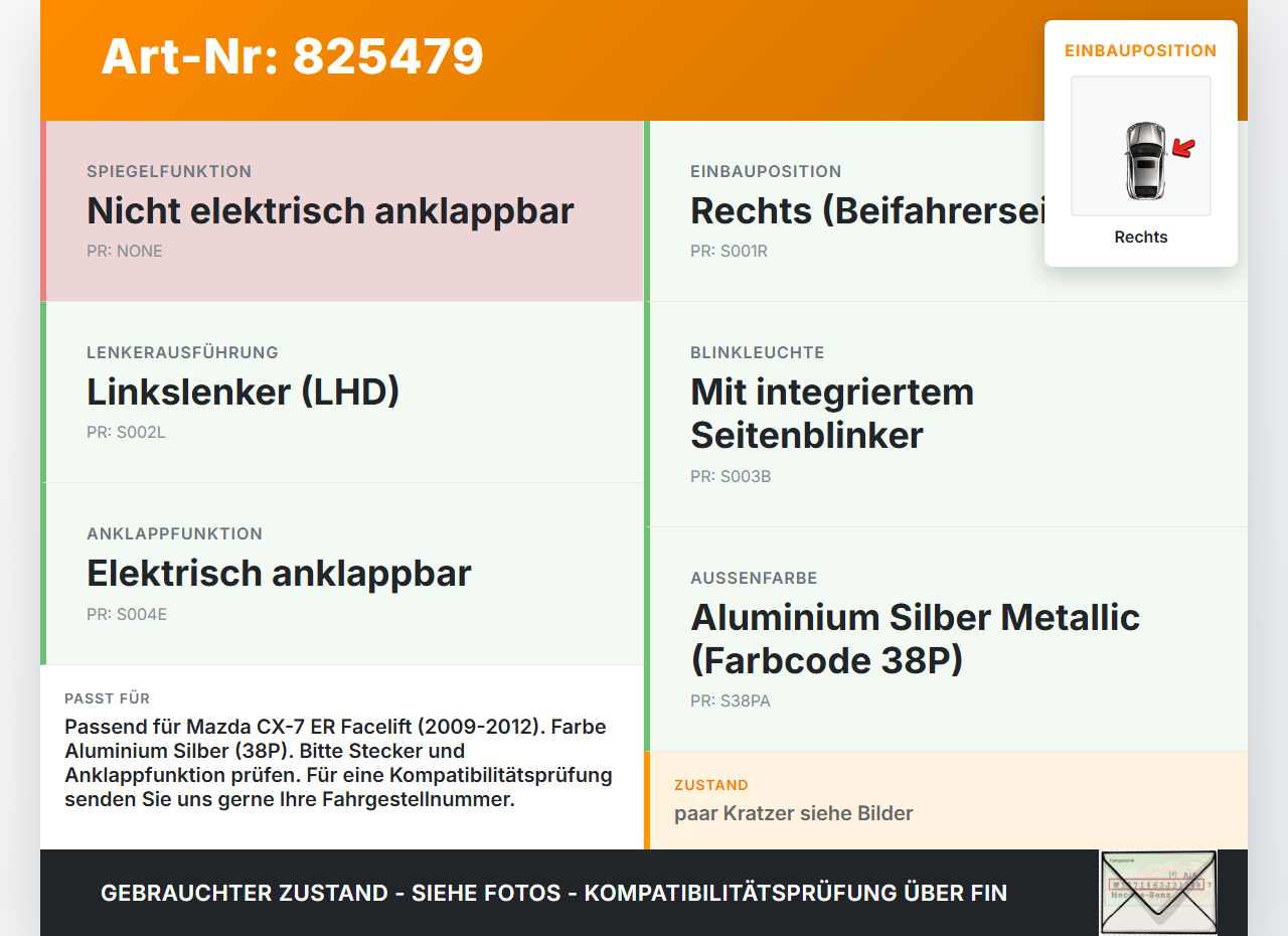 Mazda CX-7 ER 09-12 Spiegel Aussenspiegel Rechts 38P Mazda CX-7 ER 09-12 26.08.2010 gebraucht Vorschau 3