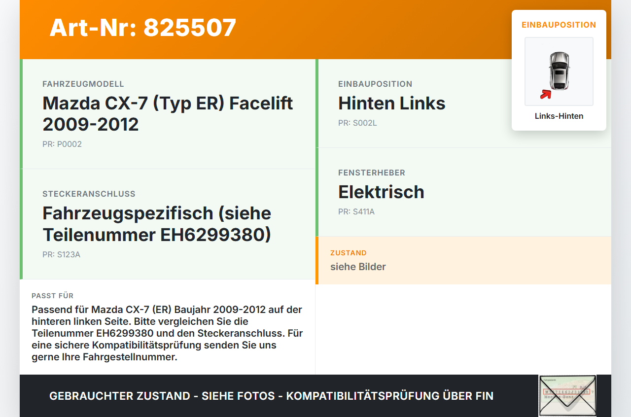 Mazda CX-7 ER 09-12 Fensterheberschalter Schalter Links Hinten Mazda CX-7 ER 09-12 26.08.2010 EH6299380 660013K0R... Vorschau 3