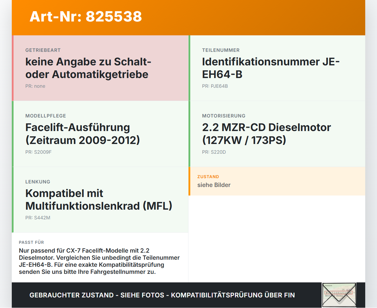 Mazda CX-7 ER 09-12 MZR-CD 2,2 127KW Kombiinstrument Tacho Mazda CX-7 ER 09-12 26.08.2010 JE-EH64-B gebraucht Vorschau 3