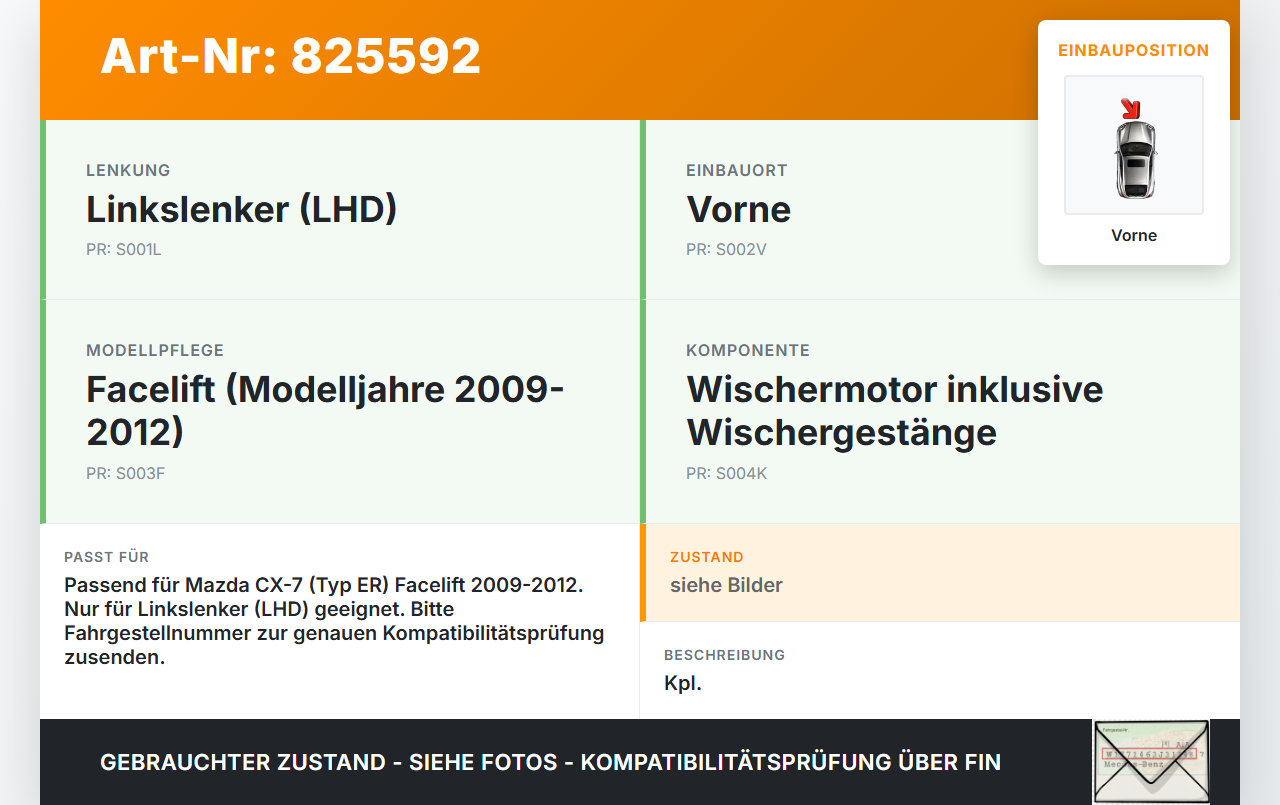 Mazda CX-7 ER 09-12 Wischermotor m. Wischergestänge Vorne Mazda CX-7 ER 09-12 26.08.2010 gebraucht Vorschau 3