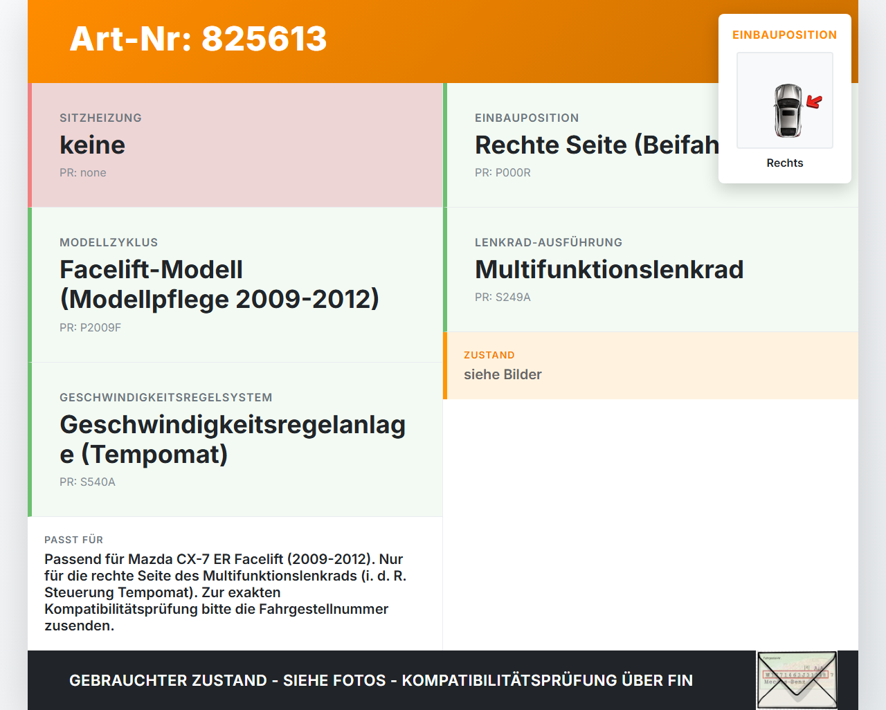 Mazda CX-7 ER 09-12 Lenkradschalter Multifunktionstasten Schalter für Lenkrad Rechts Mazda CX-7 ER 09-12 26.08.2010... Vorschau 3