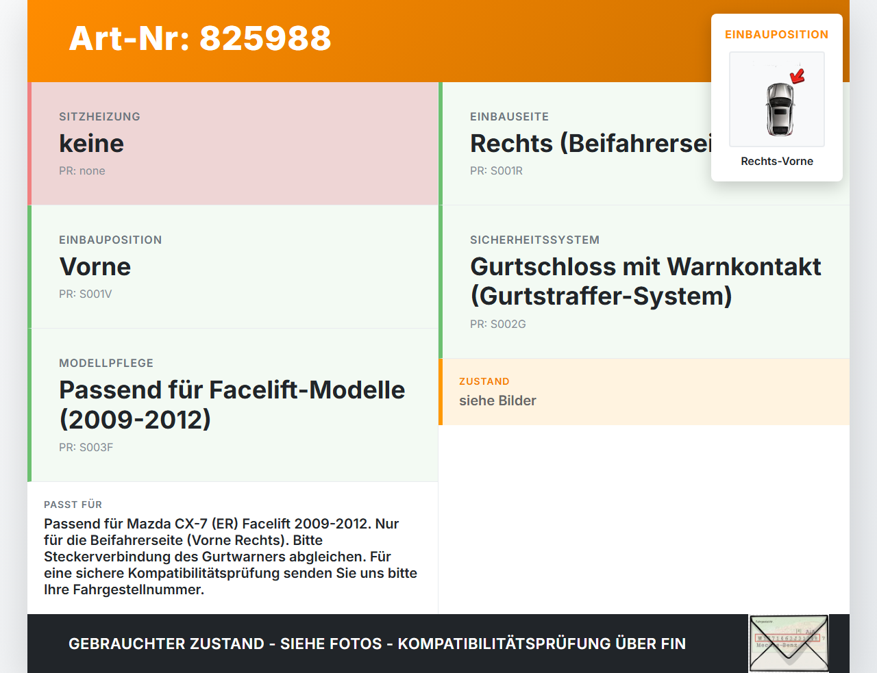 Mazda CX-7 ER 09-12 Gurtschloss Rechts Vorne Mazda CX-7 ER 09-12 26.08.2010 gebraucht Vorschau 3