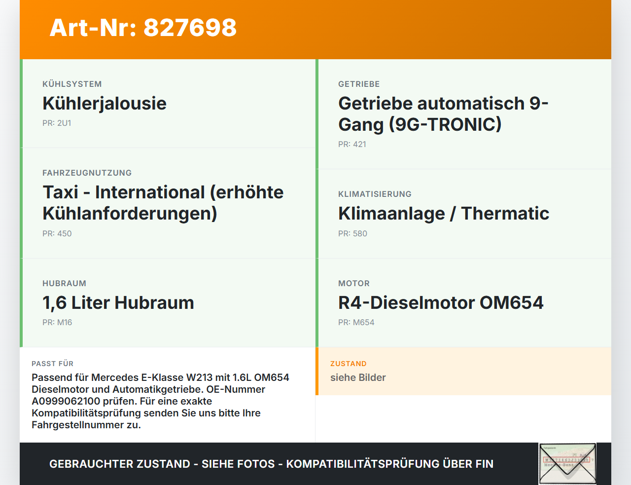 Mercedes W213 16-20 E200 d 1,6 118KW Wasserkühler Kühler Mercedes W213 16-20 21.09.2020 A0999062100 0130708461 gebraucht Vorschau 3