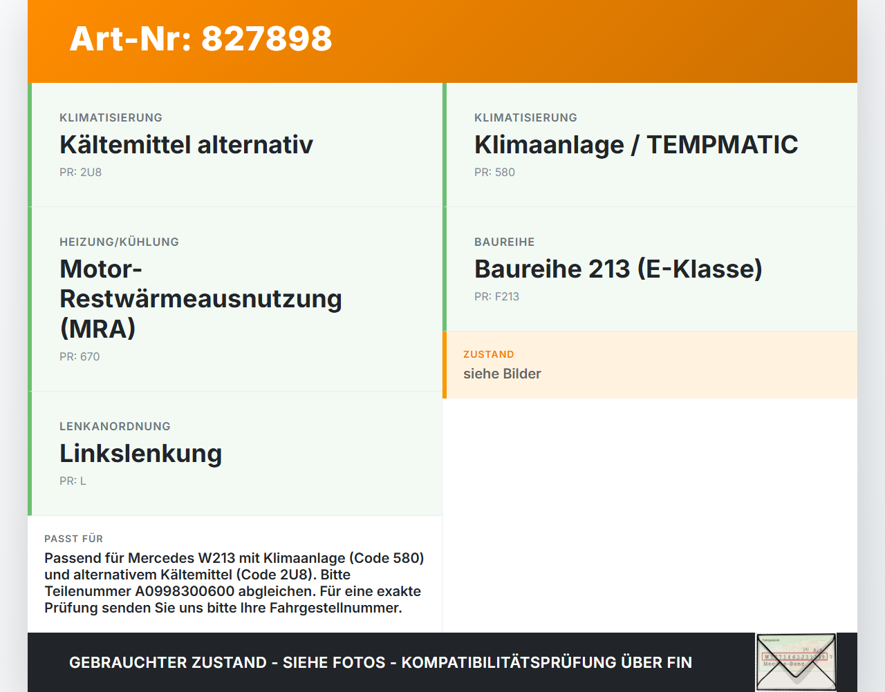Mercedes W213 16-20 Expansionsventil für Klima Mercedes W213 16-20 21.09.2020 A0998300600 T76126B-B gebraucht Vorschau 3