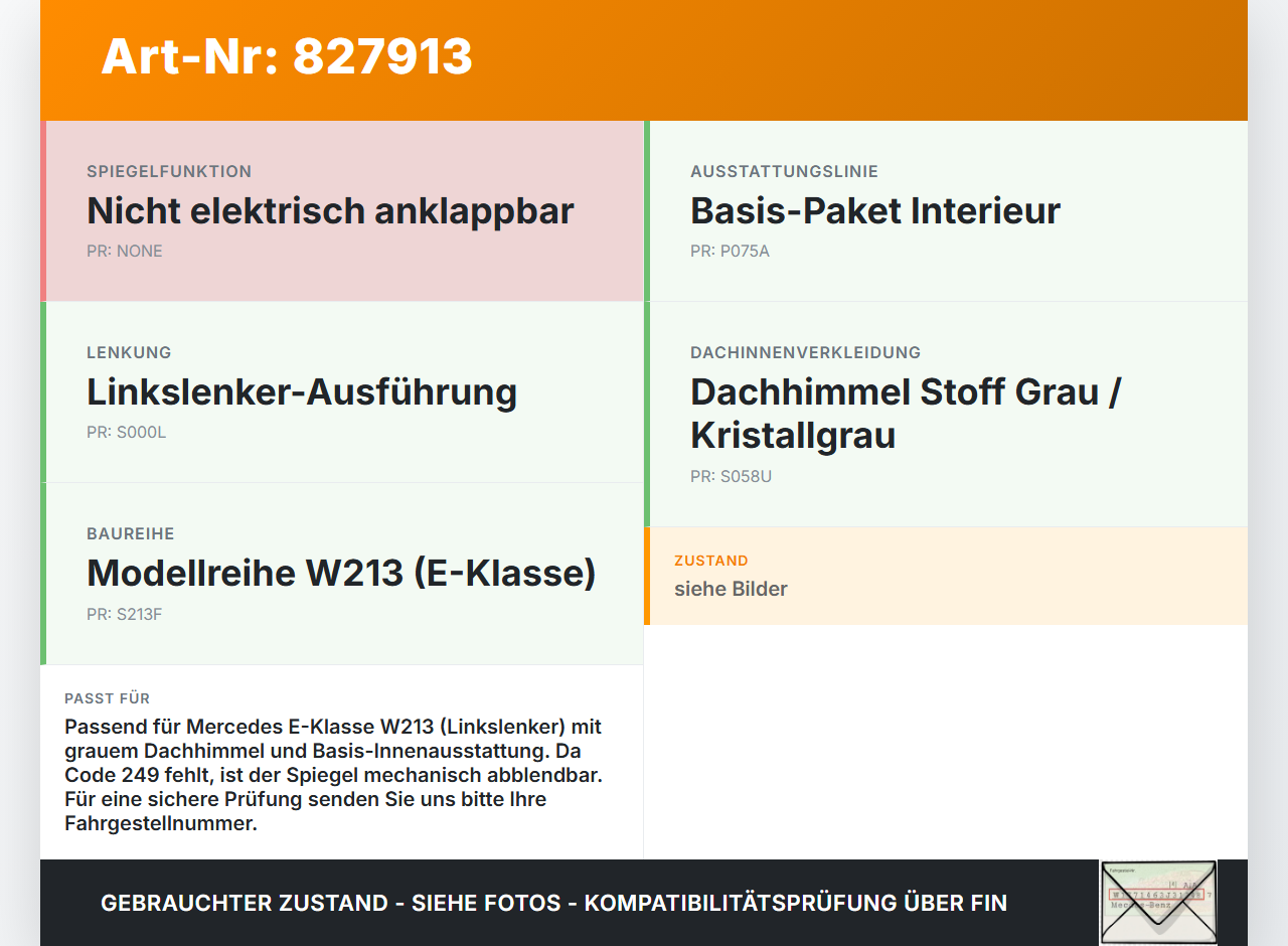 Mercedes W213 16-20 Innenspiegel Rückspiegel Spiegel Innen Mercedes W213 16-20 21.09.2020 A2138109800 915-0057 gebraucht Vorschau 3