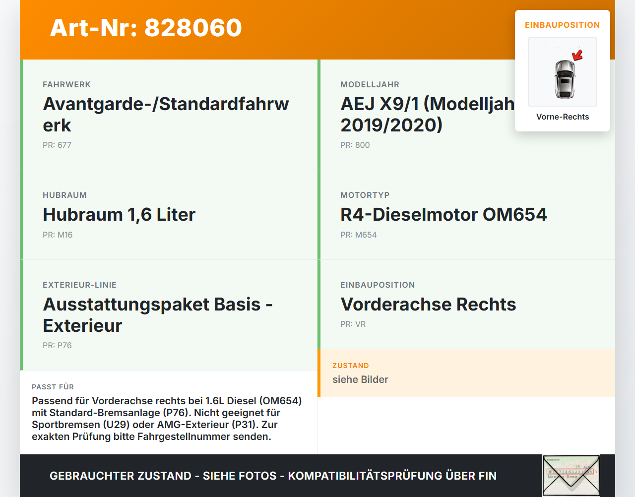 Mercedes W213 16-20 E200 d 1,6 118KW Bremssattel Bremszange Vorne Rechts Mercedes W213 16-20 21.09.2020 A2054210281... Vorschau 3